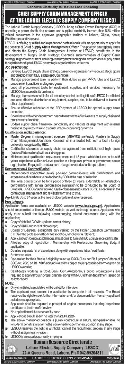 Lahore Electric Supply Company Lahore Tender Notice